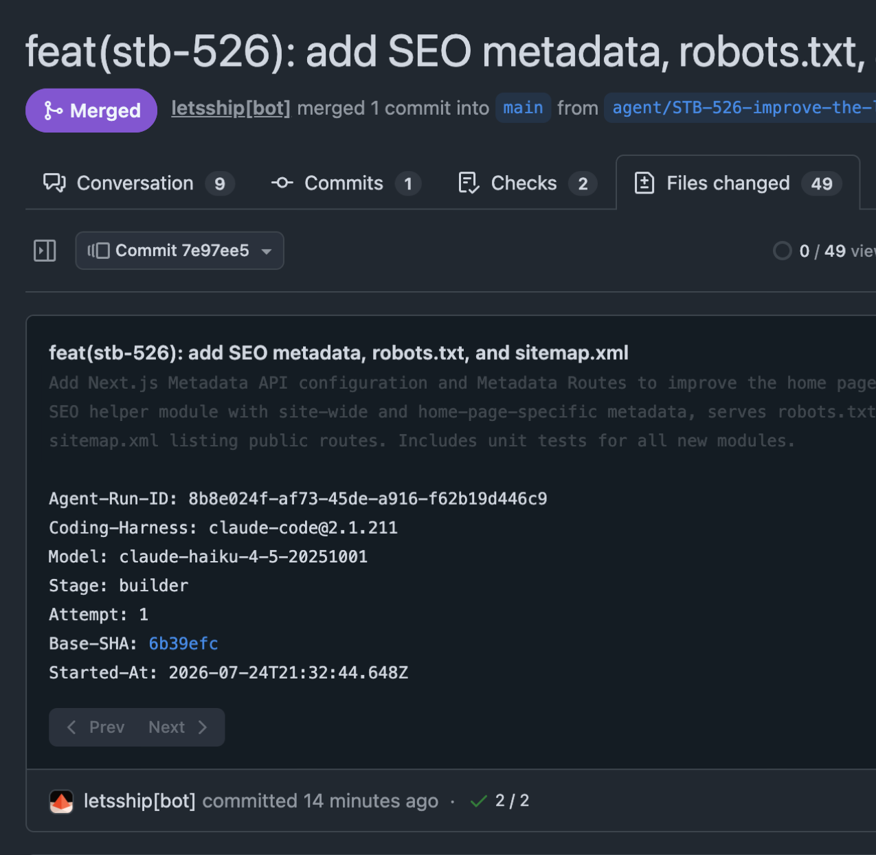 The merged GitHub pull request from the SHIP agent, its commit message carrying the agent identity footnote: run id, harness, model, and stage